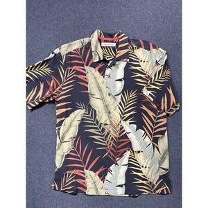 #A038 Tommy Bahama Mens Medium 100% Silk Camp Shirt Black Tropical Leaf Hawaiian